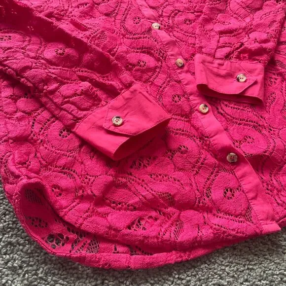Anthropologie Womens Lace Button Down Sz 4 Pink Preppy Office Bright Colorful - Picture 5 of 7